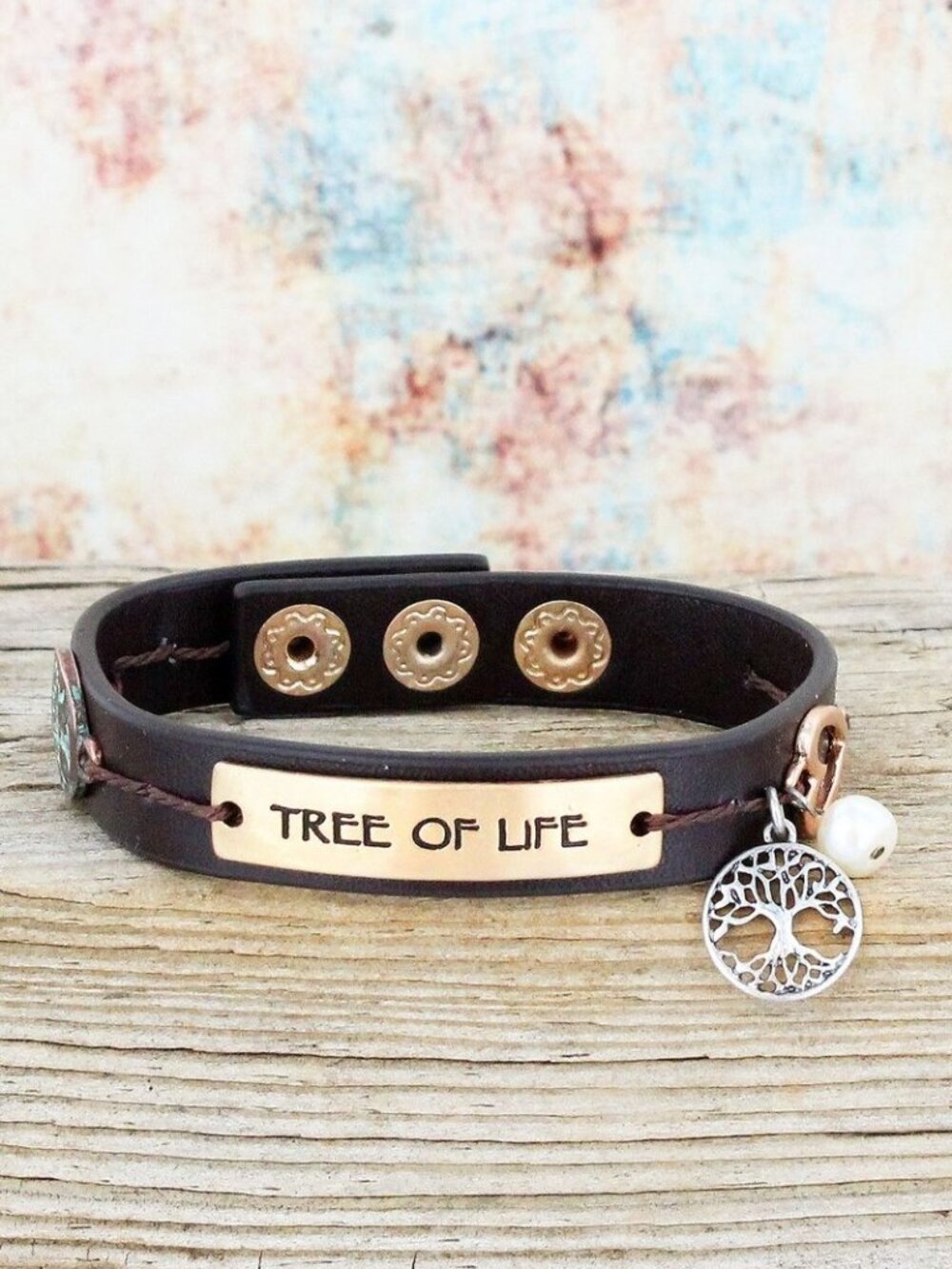 Bracelet. Brown Faux Leather. Tree of Life & Freshwater Pearl Charms. NWT